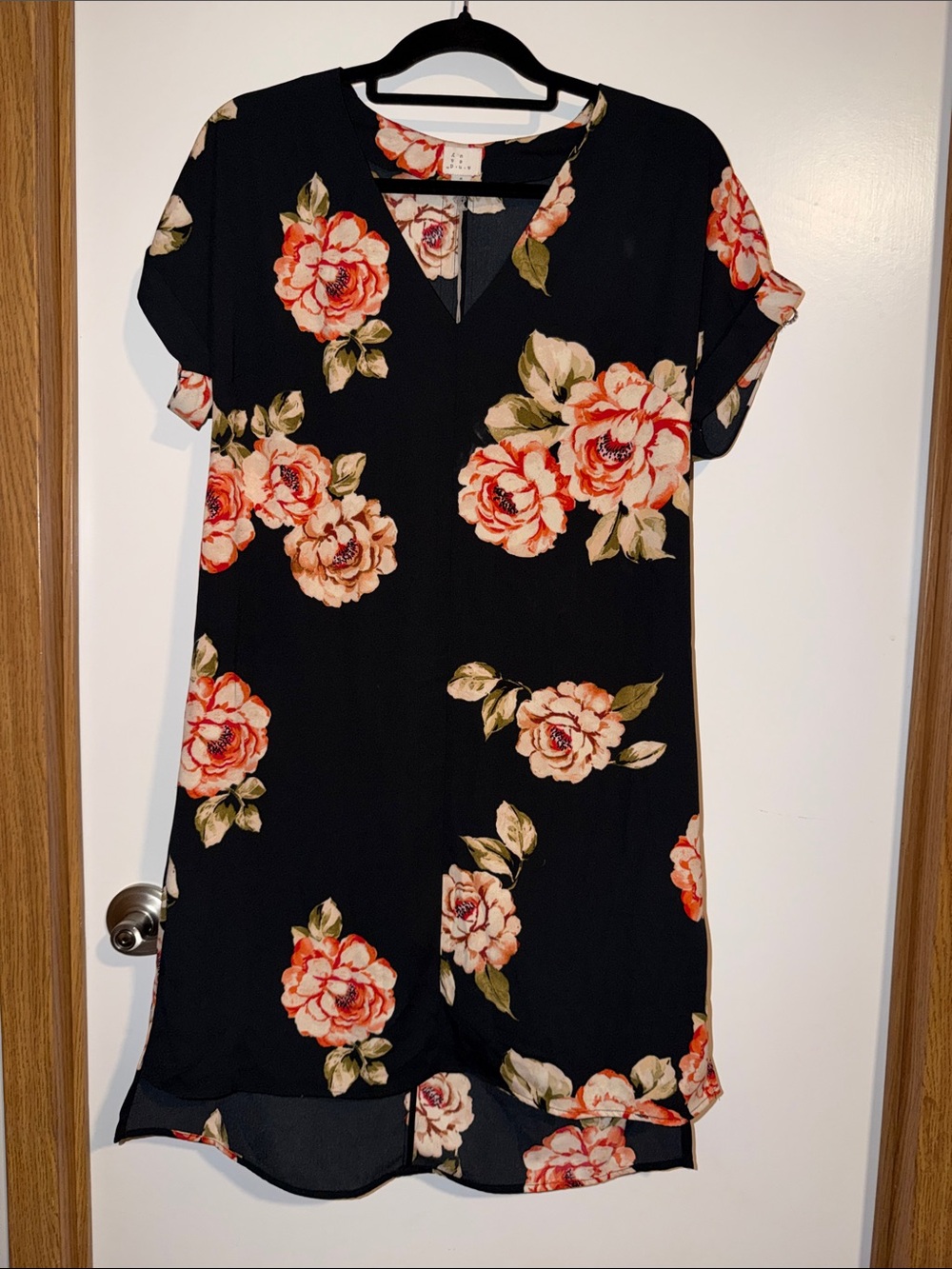 a new day Black Floral Midi Dress with Coral Pink Roses